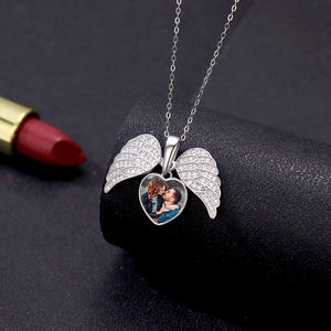 <b>Angel</b> Wings Heart Lab Diamond <b>Charm</b> Custom Jewelry Memorial Rose Gold Photo Pendant Necklace Gift for Women - Product Image 5