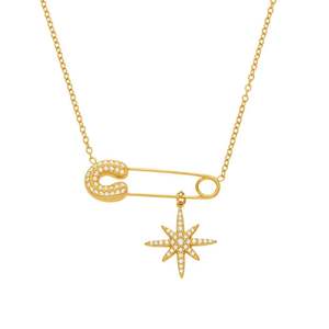 Nouveau design Collier épingle de sûreté avec pendentif étoile en zircon cubique en acier inoxydable plaqué or, vente en gros - Product Image 6