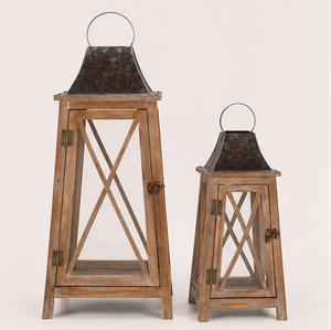 Classic Large Farmhouse Wooden <b>Lantern</b> <b>Set</b> of 2 Distressed Brown Candle <b>Lanterns</b> with Metal Top for Outdoor Garden and Indoor - Product Image 4