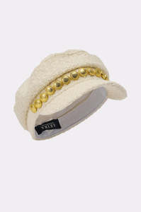 Béret en coton crème avec garniture boutonnée dorée, chapeau ajusté unisexe, style streetwear, mode décontractée, à porter au printemps et en été - Product Image 3