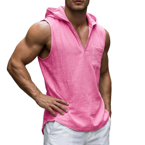 Custom OEM Men's Summer Beach Wear Sleeveless Hooded Tank Top Cotton <b>Blend</b> V Neck Muscle Shirt Bulk Wholesale Tank Tops For Men - Product Image 4