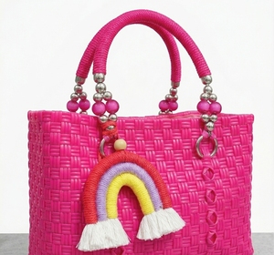 Handmade Hot Pink Woven Plastic <b>Straw</b> Tote <b>Bag</b> Stylish Summer Beach Handbag Women Beaded Handles Rainbow Charms Cute <b>Shopper</b> <b>Bag</b> - Product Image 5