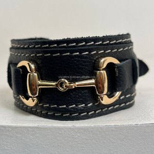 Venta al por mayor 2025 último tono plateado broca de caballo Hardware con hebilla de pasador ajustable pulsera de cuero de vaca ancha joyería para Unisex - Product Image 5