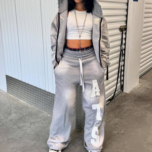 Hot Selling 100% Cotton Acid Wash Fade Tracksuit Distressed Embroidered Patch Logo Heavyweight Autumn Set Applique Street Wear - Product Image 4