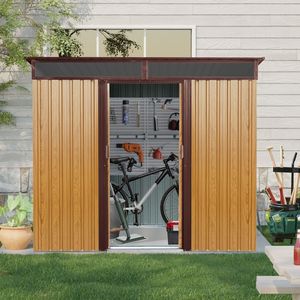 Casetta da Giardino in Metallo Color Caffè 2,4m x 1,8m con Porte Scorrevoli Lucchettabili e Pannello Trasparente per Giardino e Prato - Product Image 1