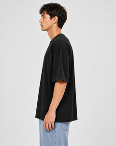 T-shirt en coton noir surdimensionné pour homme, manches courtes, col rond, style décontracté, couleur unie, tricoté, écologique, 240g - Product Image 3
