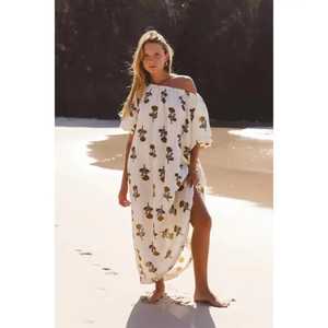 Robe longue imprimée au bloc à prix imbattable pour femme, style bohème, coupe ample, manches bouffantes 3/4, col rond, en coton tissé, décontractée pour l'été - Product Image 1