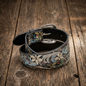 Cinturón de Cuero Occidental con Diseño Floral Pintado a Mano, Cinturón Vaquero de Lujo con Grabado de Hojas en Piel de Vaca Premium, Listo para Enviar - Product Image 3