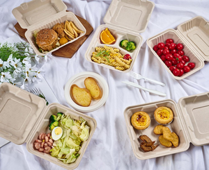 Contenants alimentaires jetables écologiques biodégradables imperméables robustes à charnière en forme de coquille 100 % compostables en bagasse 9x6 pouces - Product Image 1
