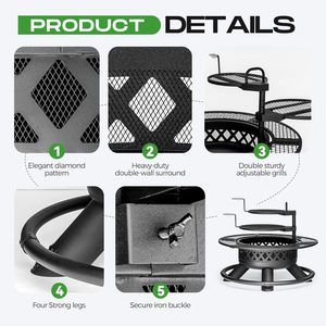 <b>Fire</b> Pit with Dual Grills Wood Burning BBQ Firepit with Lid Poker Large Heavy Duty Patio Heater Bonfire - Product Image 5