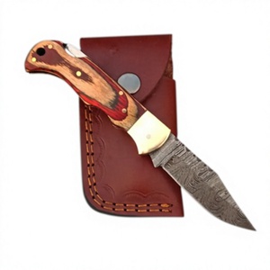 Couteau à lame fixe en acier Damas forgé à la main, manche en bois, couteau de chasse à pointe tombante avec étui en cuir - Product Image 1