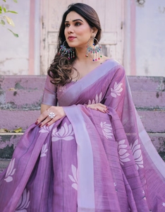 KV <b>Purple</b> Traditional Cotton Linen <b>Saree</b> with Unstitched Blouse for Party Wrinkle Free & Quick Dry - Product Image 1