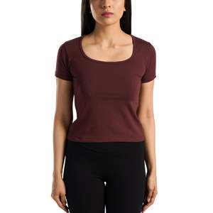 Camiseta Deportiva Personalizada para Mujer, Corte Ajustado, Manga Corta, Cuello Redondo, Suave y Elástica, para Gimnasio, Fitness, Yoga, Transpirable, Color Marrón - Product Image 1