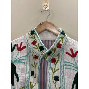 Veste en coton tricoté brodée de fleurs pour femme, col mandarin, manches longues, ouverte sur le devant, design fait main, automne-hiver - Product Image 2