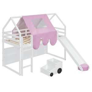 Lit mezzanine en bois blanc et rose pour enfants, taille double, avec cadre en forme de maison et tente – Catégorie de produit : Lits pour enfants - Product Image 5
