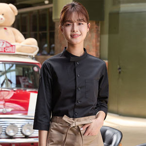 Camisas de Uniforme de Hostelería Negras Unisex Premium con Cuello Mao y Mangas Tres Cuartos, Conjunto de Ropa Ligera y Elegante - Product Image 4
