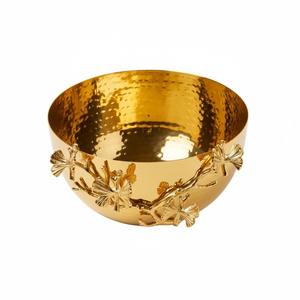 Ensemble de bols de service en métal plaqué or de luxe moderne, faits à la main, en aluminium, avec base décorative en forme de feuille, bol à salade, vaisselle de table - Product Image 1