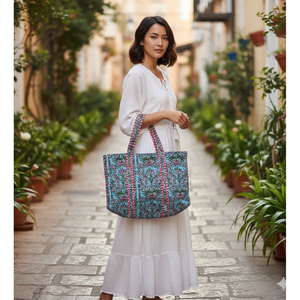 Sac fourre-tout matelassé en coton bleu ciel à imprimé floral, grande capacité, pliable, avec longues poignées d'épaule, réutilisable, pour femme - Product Image 2