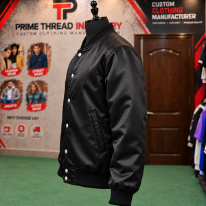 Chaqueta Bomber Negra Personalizada de Satén con Parche de Chenilla y Botones a Presión, Chaqueta Universitaria OEM Unisex, Chaqueta Varsity Streetwear Letterman - Product Image 4