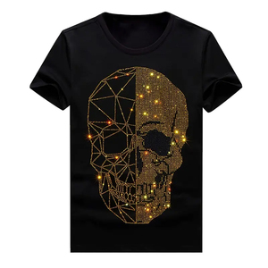 เสื้อยืดแฟชั่นผู้ชายขายส่งปี 2024 เสื้อยืดแขนสั้นผ้าฝ้ายถักสีดำประดับเพชรทรงสลิมโอเวอร์ไซส์สำหรับฤดูร้อน - Product Image 2