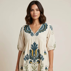 Minivestido de Algodón con Cuello en V, Manga Corta, Corte Holgado, Diseño Sólido, Ropa Casual de Fiesta para Mujer, Detalle Floral, Bolsillo Utilitario - Product Image 1