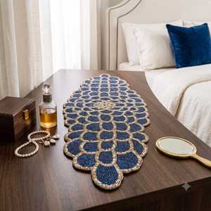 Hand Knitted Navy Blue Polyester/Cotton <b>Table</b> <b>Runner</b> with Embroidered Stripe Pattern Gold Ivory for Wedding Home Luxury Decor - Product Image 3