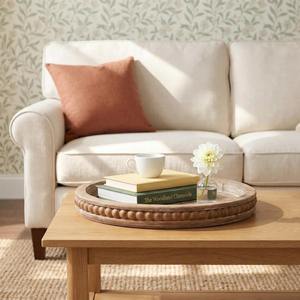 Plateau de service rond en bois brun naturel style Art déco moderne avec fonction coulissante, bord perlé décoratif, organisateur de table basse pour usage domestique - Product Image 2