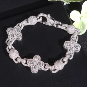 Iced Out Flower Bracelet Diamond Link Jewelry White Gold Finish Luxury Hip Hop Statement Bracelet For Women <b>Men</b> - Product Image 1