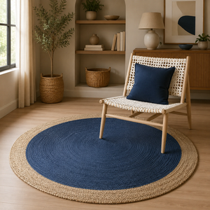 Handmade Round Blue Jute Rug Braided Natural Fiber Area Carpet Eco Friendly Boho Floor <b>Mat</b> for Living Room Bedroom Decor - Product Image 2