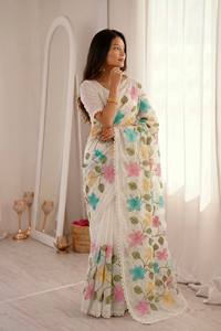 Sari en coton blanc brodé de fleurs avec bordure en dentelle, tenue traditionnelle indienne pour femmes, style décontracté, toutes saisons - Product Image 2