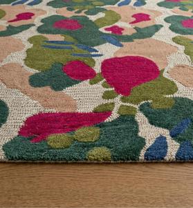 Elegante Alfombra Floral Abstracta Hecha a Mano - Alfombra Geométrica Botánica Colorida en Verde Salvia, Magenta y Rosa - Product Image 4