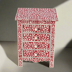 Commode à 4 tiroirs en bois sculpté à la main, incrustations osseuses rouges et blanches traditionnelles, meuble de salon aux prix les plus bas - Product Image 3