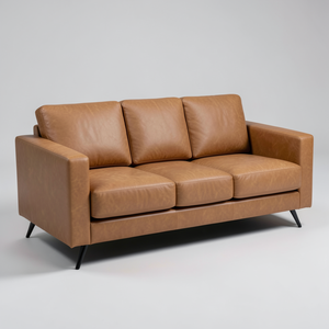 Sofá de Cuero Vacuno Genuino de Estilo Moderno de Mediados de Siglo, Sofá de 3 Plazas de Cuero Marrón Premium con Estructura de Madera para un Salón Elegante - Product Image 1