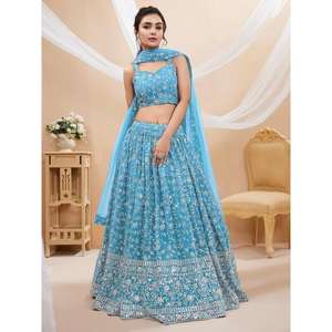 Espléndido Lehenga Choli de Georgette Bordado en Azul Cielo, Semi-Cosido, para Sangeet, de Zeel Clothing - Product Image 5