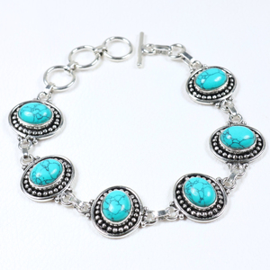 Wholesale Vintage Style Turquoise Gemstone Oval Link <b>Bracelet</b> 925 Sterling Silver Plated Toggle Clasp Handcrafted <b>Boho</b> Jewelry - Product Image 1