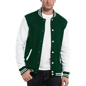 Men's Green White Varsity <b>Jacket</b> <b>Fleece</b> <b>Lined</b> Button Front Casual Autumn Wear Regular Fit Turn-down Collar Solid Color - Product Image 1