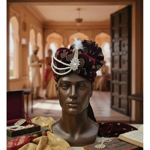 Turbante de novio hecho a mano en terciopelo granate |   Pagri de Boda India con Kalangi de Perlas - Product Image 2