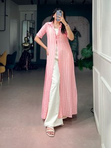 Womens Premium 3-Piece Cotton Co-Ord Set Solid Orchid Crop Blouse & Pant with Long Overlay <b>Shrug</b> Quick Dry & Wrinkle Free - Product Image 3