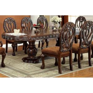 Maestoso tradizionale in legno massello ciliegio sedie da pranzo formali intricati dettagli intagliati con tessuto Set di 2 sedie laterali - Product Image 6