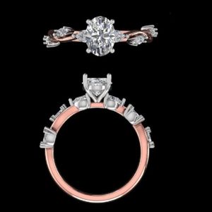 Elegante Anillo de Compromiso Ovalado de Oro Rosa con Diamantes, Banda Única Estilo Enredadera con Detalles Marquesa, Joyería Nupcial Bicolor, Regalo - Product Image 1