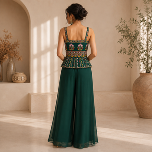 Women Green Floral Embroidered Peplum Top Wide Leg Palazzo Set Elegant Ethnic Party Wear Two Piece Outfit Festive Wedding - Product Image 4