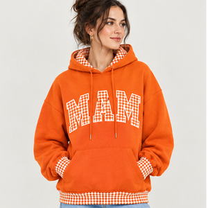 Sudadera con Capucha Rosa Extra Grande para Mujer, Estampado MAM, Ribete a Cuadros, Forro Polar, Corte Regular, Ropa de Otoño - Product Image 5