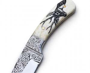 Cuchillo de cocina artesanal de acero grabado con mango de hueso, herramienta de exhibición - Product Image 3