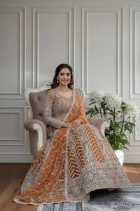 Lehenga Choli Orange FATEMA FASHION de créateur moderne avec broderie blanche complexe et travail de sequins, accompagné d'un dupatta assorti - Product Image 5