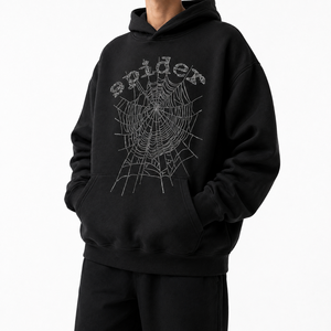 เสื้อฮู้ดดี้สตรีทแวร์สีดำแบบสวม Unisex ทรงปกติ ผ้าฟลีซคอตตอน 100% เนื้อนุ่ม ตกแต่งด้วยคริสตัลแบบ OEM  น้ำหนัก 430gsm - Product Image 6