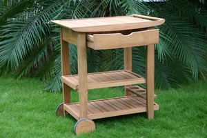 Chariot de service extérieur moderne en teck massif avec étagères de rangement et roulettes pour hôtel et terrasse, modèle KAR03 - Product Image 2
