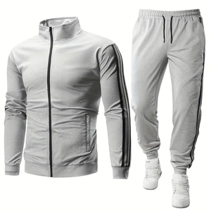 <b>Men's</b> Casual Tracksuit Set Gray Full Sleeve Zipper <b>Jacket</b> Pants Solid Color Breathable Regular Fit Autumn Wear 2 Piece Suit - Product Image 1