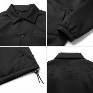เสื้อโค้ชผู้ชายสีดำแบบสตรีทแวร์ OEM ผลิตตามสั่ง ผ้าโพลีเอสเตอร์ 100% ทอแบบทริคอต 220gsm กันน้ำ กันลม ระบายอากาศได้ดี พร้อมป้ายทอแบบนูน - Product Image 4