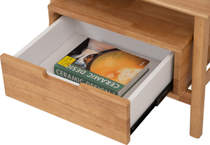 Mesita de noche compacta de madera con dos niveles y un cajón de almacenamiento, ideal para dormitorio y sala de estar. - Product Image 6