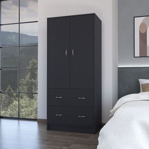 Armario Negro Wenden de FM Furniture con 2 Cajones, 2 Puertas y Amplio Espacio de Almacenamiento, Incluye Barra para Colgar Ropa - Product Image 1